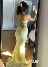 Jocelyn |Long Yellow Prom Dresses Shops With Spaghetti Straps V - Neck Lace Mermaid Slit - Price #price_variant_lowest# - Yellow - PromDressClub